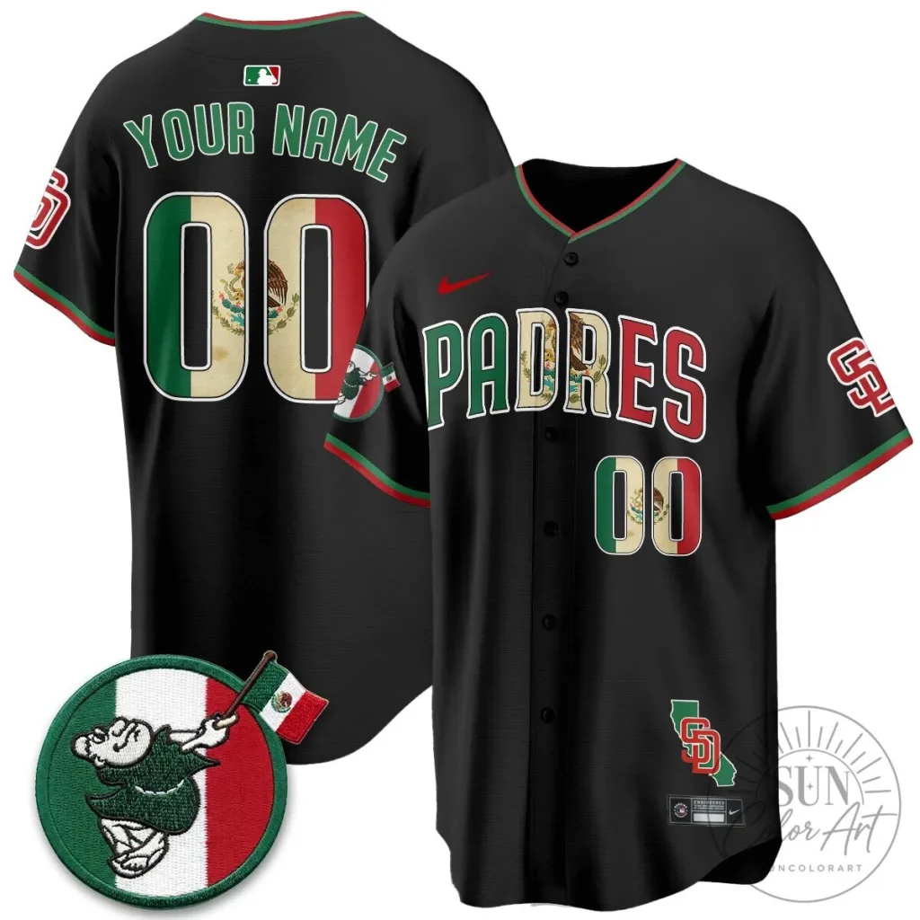 San Diego Padres Mexico Flag Heritage Black Custom Baseball Jersey San Diego Padres Mexico Flag Heritage Black Custom Baseball Jersey