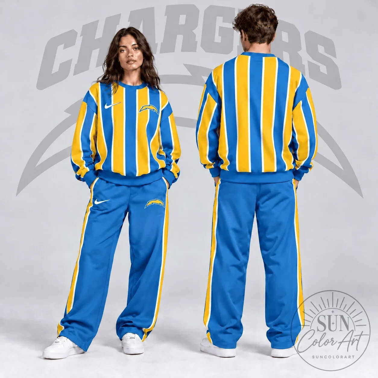 Los Angeles Chargers Vertical Stripe Crewneck Sweatshirt and Wide Leg Track Pants Set 1 Los Angeles Chargers Vertical Stripe Crewneck Sweatshirt and Wide Leg Track Pants Set